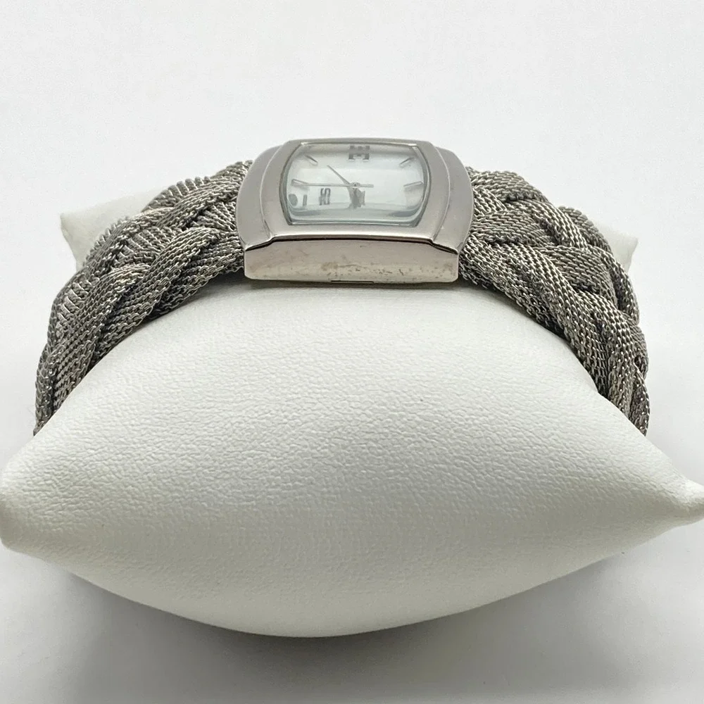 Chico's Women's Watch 32mm Wide Silver Tone MOP Braided Mesh New Battery 7.5